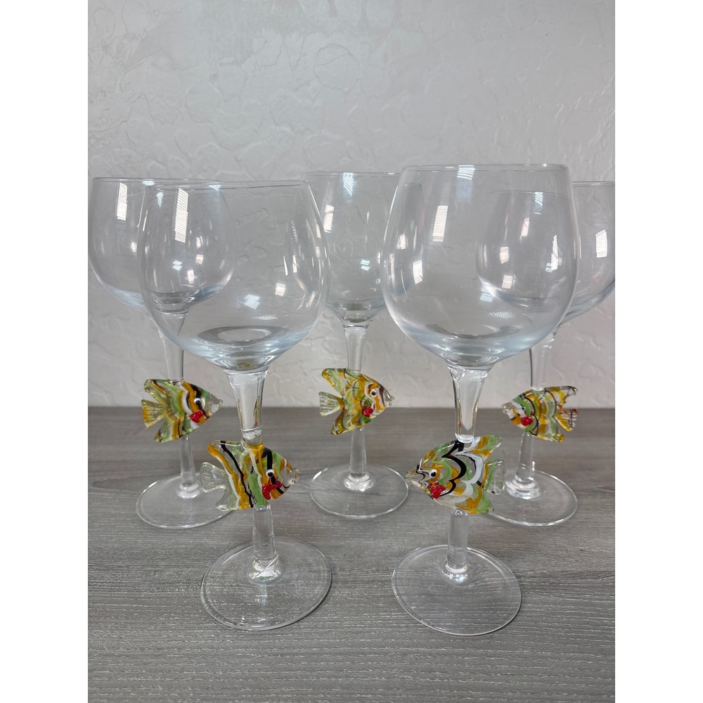 Set of 5 Tropical‎ Angelfish Stemmed Wine Glasses Hand Blown Glass Fish Detail